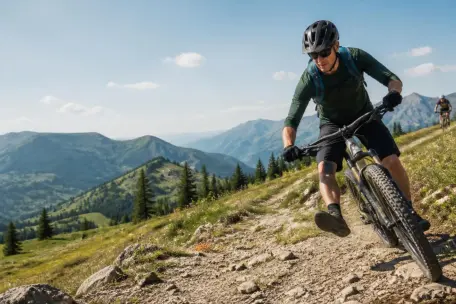 Cyklista s ochrannou helmou sjíždí horskou stezku v letní přírodě a ukazuje důležitost bezpečné výbavy při sportu.