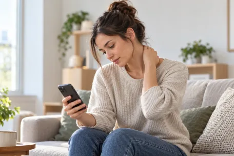 Mladý člověk se sklání nad mobilním telefonem a rukou si přidržuje zatuhlou šíji.