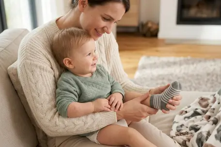 Maminka oblékající ponožku malému dítěti, které jí sedí na klíně v obývacím pokoji.