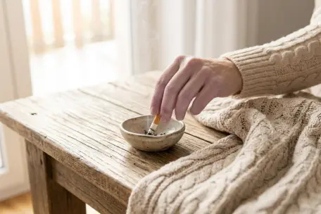 Kuřák típe cigaretu v popelníku – kouření je hlavním rizikovým faktorem Buergerovy nemoci.