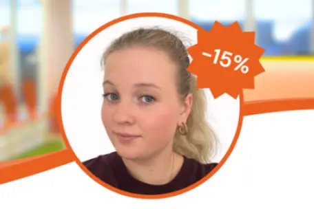 Portrét sportovní masérky Michaely Danielové s označením 15% slevy na masáže ve FYZIOklinice.